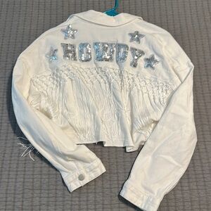 Baevely White Fringe HOWDY Cropped Jean Jacket